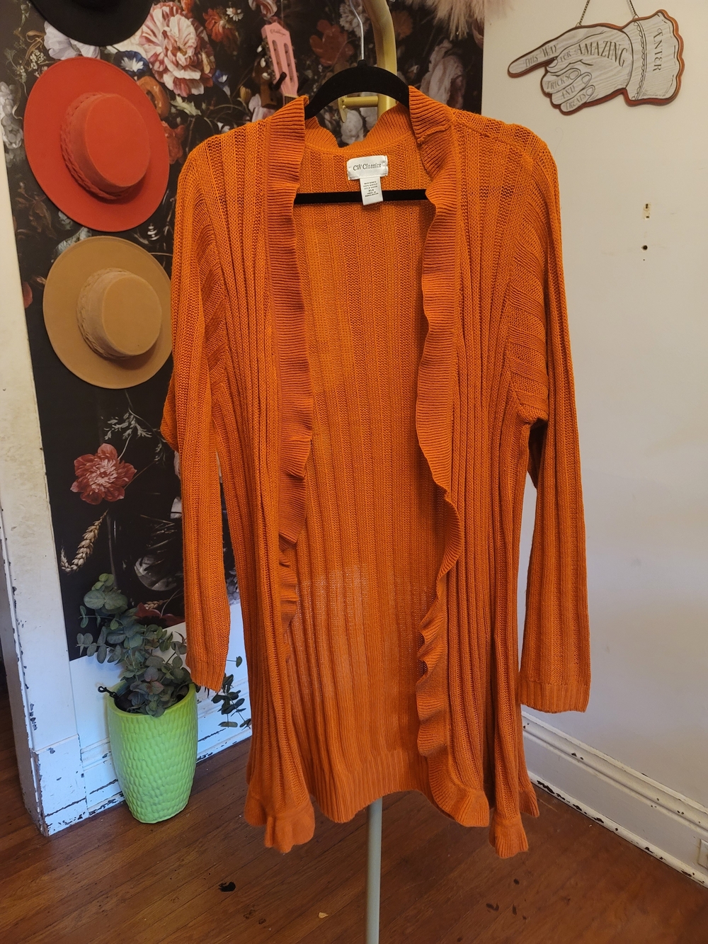 (Lot 2) CW Classic Orange Ruffle-Trim Open Ribbed Cardigan & Grey Open Knit XL